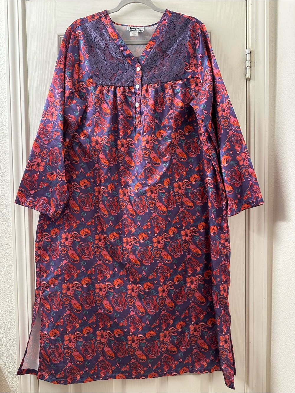 Anthony Richards Purple Nightgown with Red Floral Print and Lace Yoke